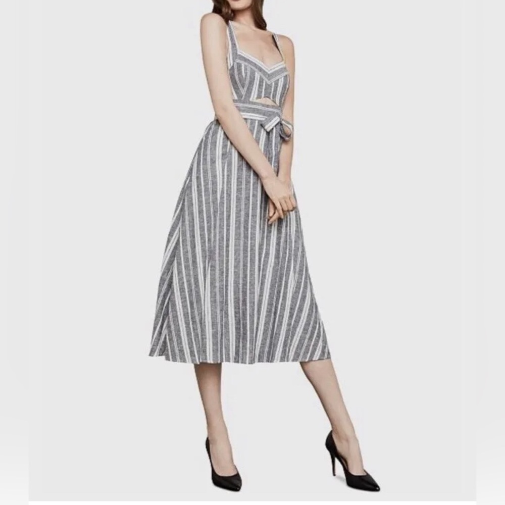BCBGMaxazria Black Combo Cutout Striped Midi Dress Sz 12